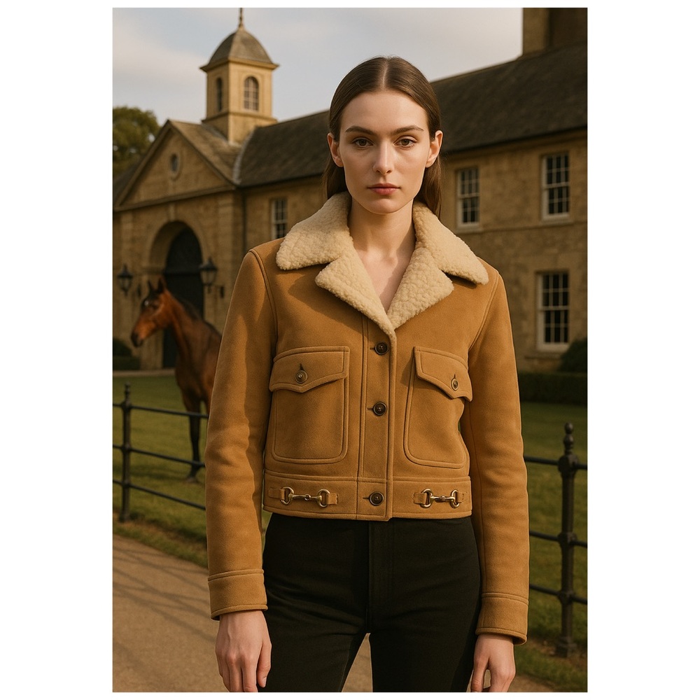 Gucci Tan Brown Leather Jacket Suede Shearling Mouton Horsebit 2 Equestrian 🟡